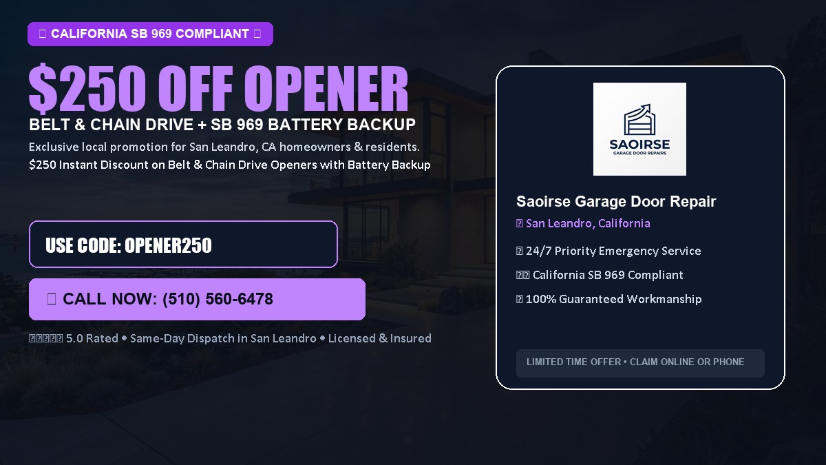 $250 OFF Smart Garage Door Opener Installation (Belt & Chain Drive with California SB 969 Battery Backup) in San Leandro, CA