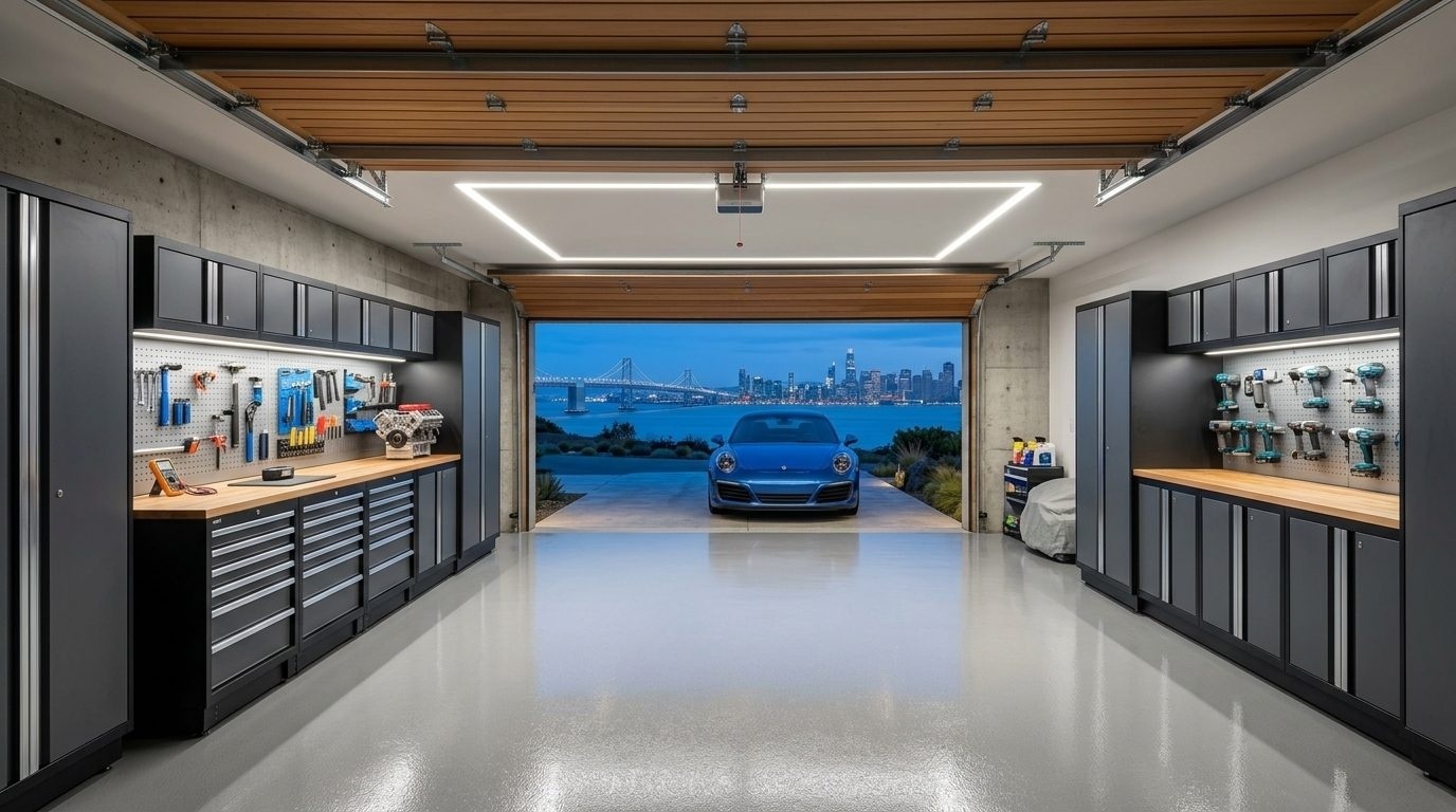 Saoirse Garage Door Repairs Interior View of Custom Garage Door Overhead and Workshop